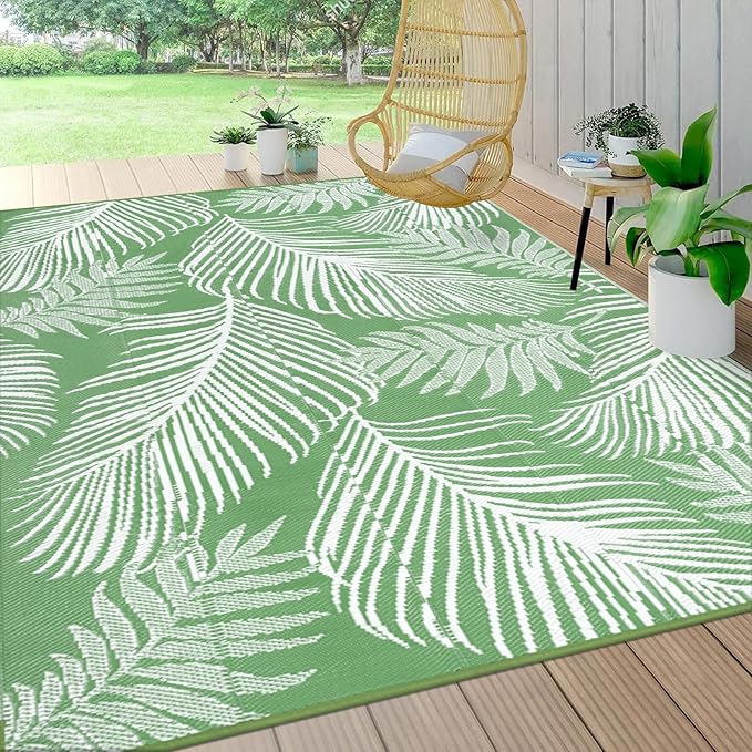 Pauwer Waterproof Outdoor Rug 9x12, Reversible Plastic Straw Patio Camping Rug, Indoor Outdoor RV Mat Carpet for Deck, Camper, Porch, Balcony, Backyard, Picnic, Leaf Green