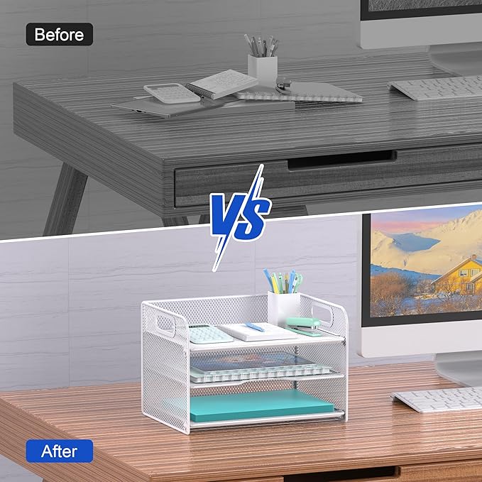 Samstar 3 Tier White Letter Tray Paper Organizer with Handle, Mesh Desk Organizer Paper Sorter File Rack Shelves, White