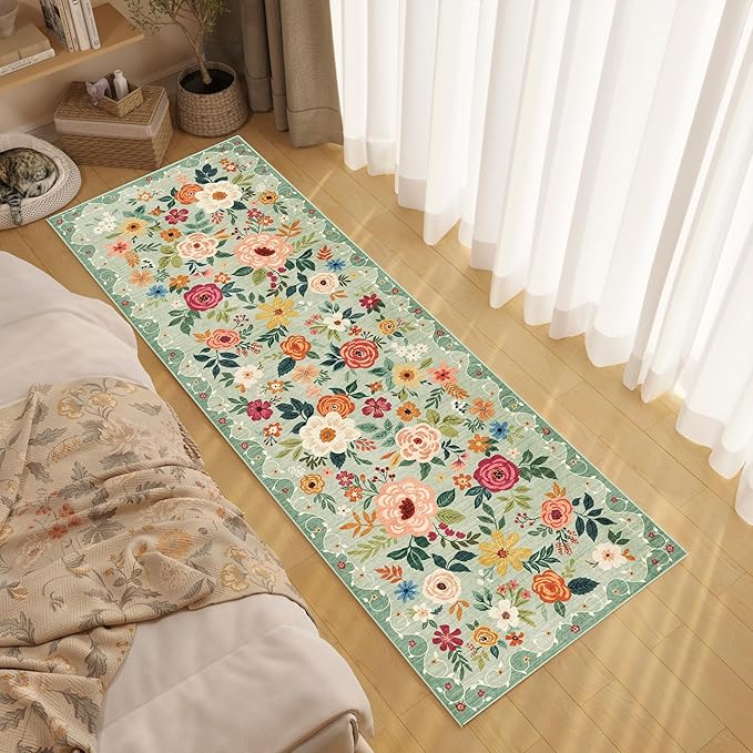 DUKINO 2x10 Kitchen Runner Rug for Hallway, Washable Runner Rug with Non Slip Backing, Low Pile Soft Boho Floral Carpet for Kitchen, Hallway, Entryway, Laundry, Bedroom, Green