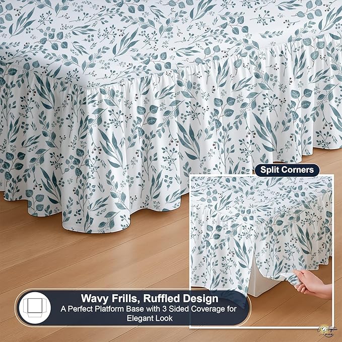 Cottington Lane Ruffled Bed Skirt King Size with Split Corner, Brushed Microfiber Hotel Quality Dust Ruffle, 12" Drop Gathered Bedskirt, Soft, Stylish, Shrink & Fade Resistant, Tranquil Green Petals