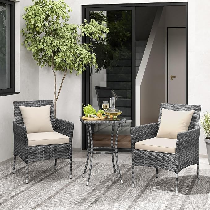 Tangkula 3-Piece Patio Furniture Set, PE Wicker Conversation Bistro Set w/A