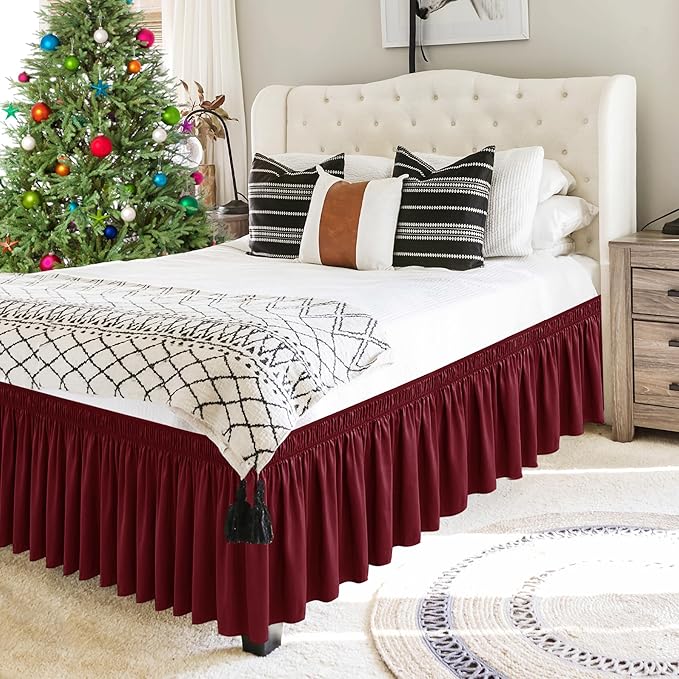 Biscaynebay Wrap Around Bed Skirts for King & Cal King Beds 19" Drop, Burgundy Adjustable Elastic Dust Ruffles Easy Fit Wrinkle & Fade Resistant Silky Luxurious Fabric Solid Machine Washable