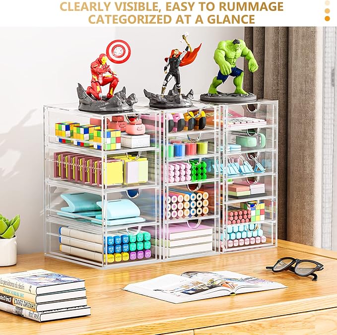 Acrylic 3 Pack Desk Organizers and Accessories, Makeup Organizer Storage With 15 Drawers, Desk Organizers, Dustproof Drawer Organizer and Storage for Make Up, Jewelry, DIY Pen