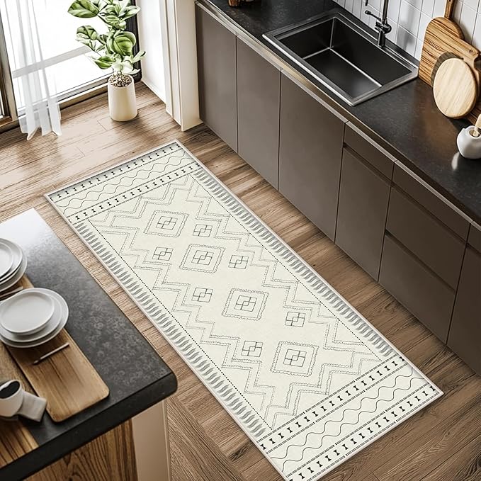 Beige White Runner Rug, 4x12ft Black Geometric Square Pattern Hallway Decor Rug - Modern Home Corridor & Foyer Accent Carpet, Non-Slip Mat Washable Rugs, Stylish Carpet for Hallway Spaces