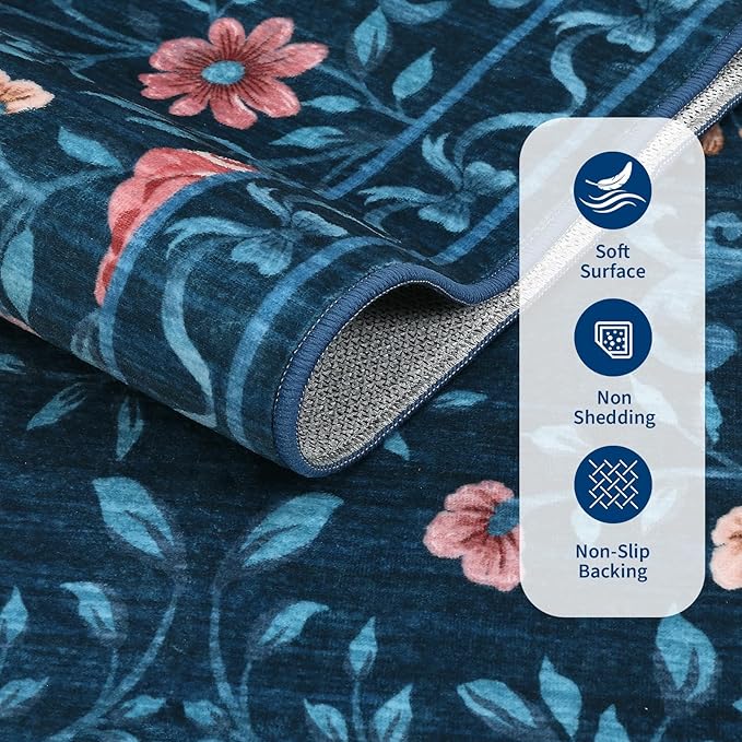 GarveeHome Floral Area Rug 4x6 Entryway Rug Low Pile Bedroom Blue Bow Rugs Non Slip Stain Resistant Dining Room Throw Carpet Small Living Room Butterfly Rugs Soft Boho Mats for Kitchen Nursery, 4x6