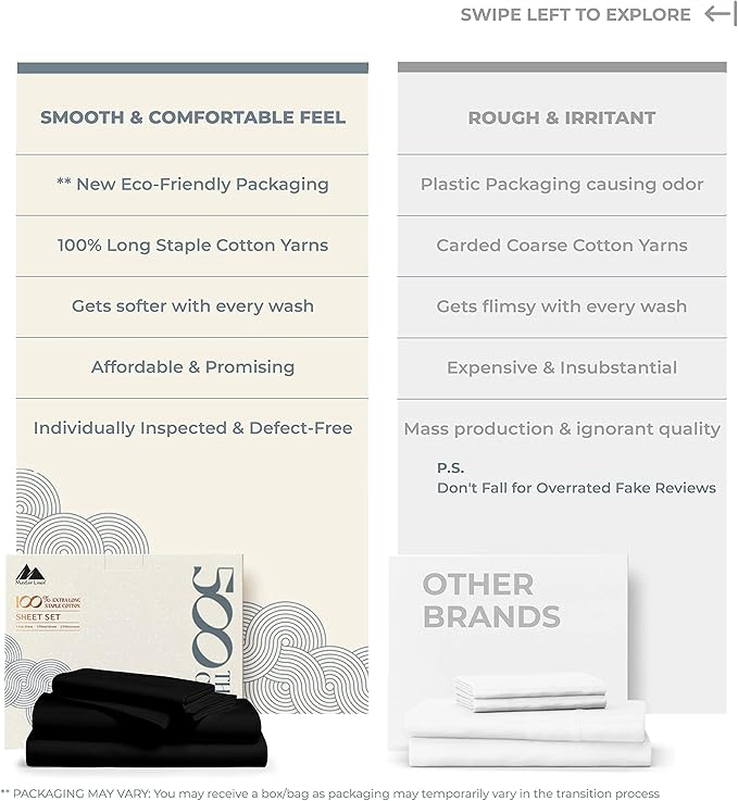 Mayfair Linen 500 Thread Count Split King Sheets Sets for Adjustable Bed - 5 PC Split King Size Bed Sheet Set Cotton (Black), Soft, Cooling, Sateen Weave 16" Deep Pocket Bedsheet (Fits 18" Mattress)