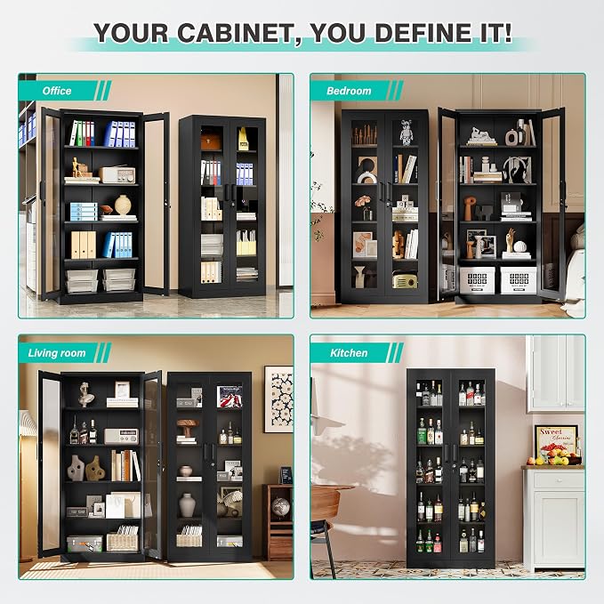 Metal Storage Cabinet with Lock and Glass Doors, Glass Display Cabinet