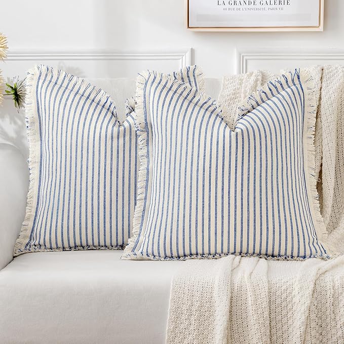 MIULEE Pack of 2 Royal Blue Pillow Covers 24x24 Inch Striped Farmhouse Couch Throw Pillow Covers with Fringe Chic Linen Decorative Cushion Eruo Sham for Sofa Living Room Bed Outdoor Home Decor