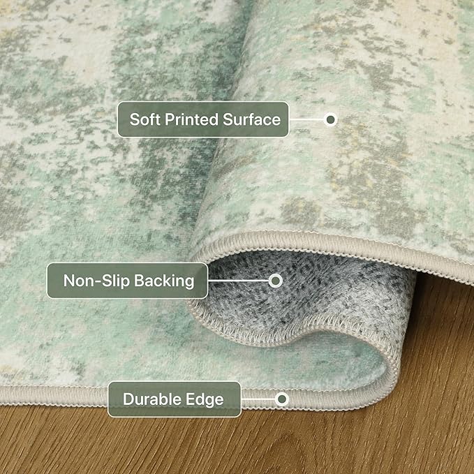 8x10 Area Rugs Washable Green Rug for Living Room Bedroom, Abstract Modern Large Rug Non Slip, Water Repellent Low Pile Soft Carpet for Dining Room, Light Green