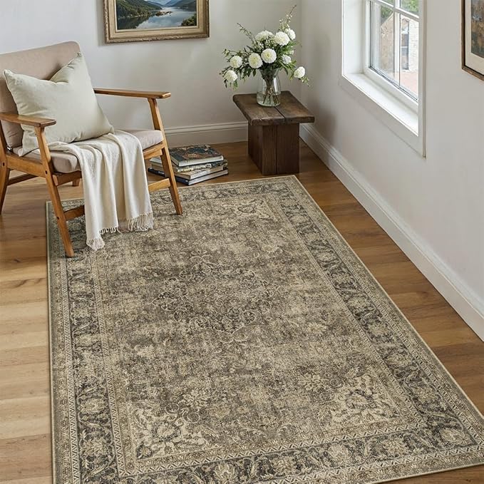 4x5 Washable Brown Area Rug Vintage Entryway Office Carpet Non-Slip Soft Low Pile Distressed Indoor Throw Rug for Living Room Bathroom Dining Room