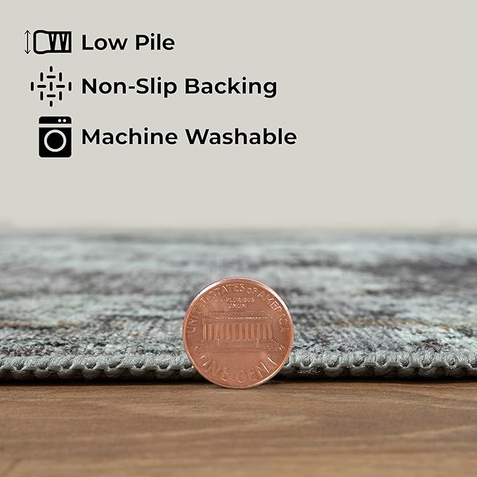 GLN Rugs Contemporary Collection - Machine Washable Area Rug, Contemporary Washable, Non Slip, Low Pile Chenille Rug, Living Room, Bedroom, Kitchen Rug (4' x 6' Grey/Green)
