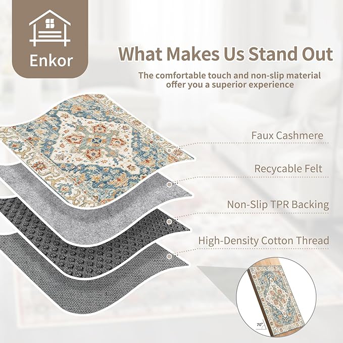 Enkor Area Soft Rugs 5x7 Washable Non Slip Boho Floor Rugs for Living Room Bedroom, Vintage Style Farmhouse Mat for Kitchen Entryway Orange & Blue