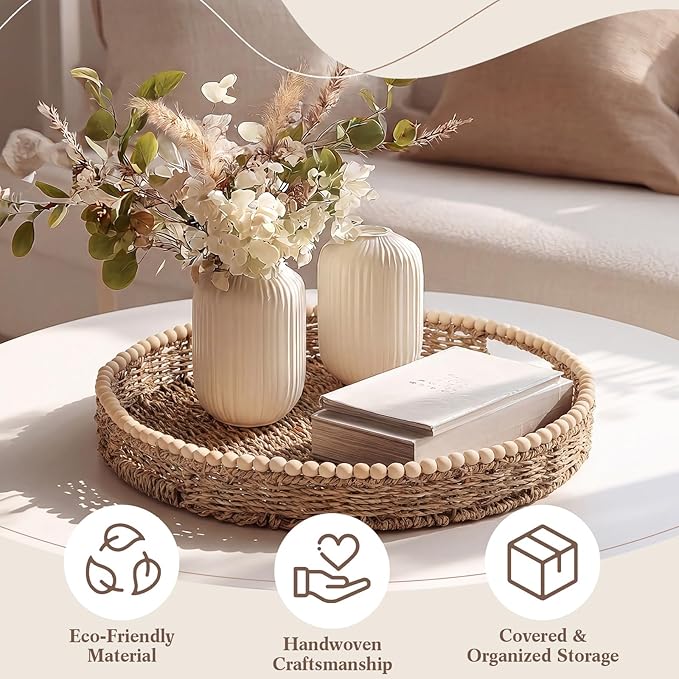 Round Wicker Tray 16'' Large Seagrass Tray Decor with Wooden Beads and Handles, Woven Dining Room Decor for Kitchen Counter, Living Room, Bedroom (Seagrass)
