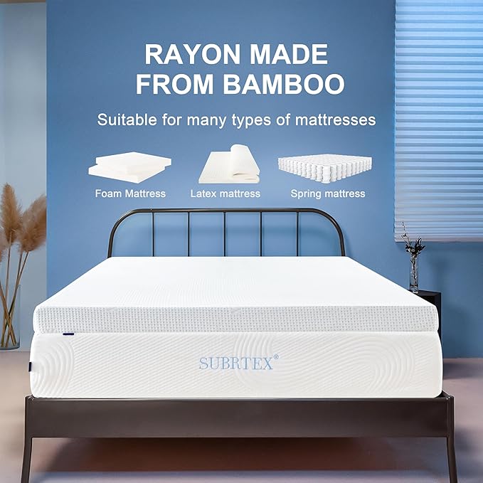 Subrtex 4 Inch Mattress Topper Cover (Only Cover) Mattress Topper Protector Bedding Rayon Made from Bamboo Removable Mattress Encasement with Zippers, CK