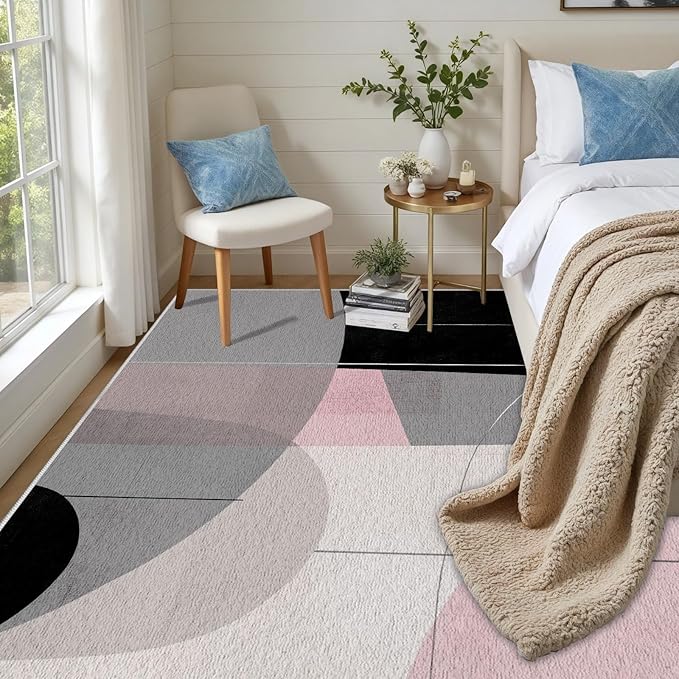 Abstract Art Line Living Room Area Rugs 2x3, Modern Boho Geometric Print Rug, Minimalist Washable Non Slip Neutral Soft Carpet for Bedroom, Dining Room Office Playroom, Black Gray