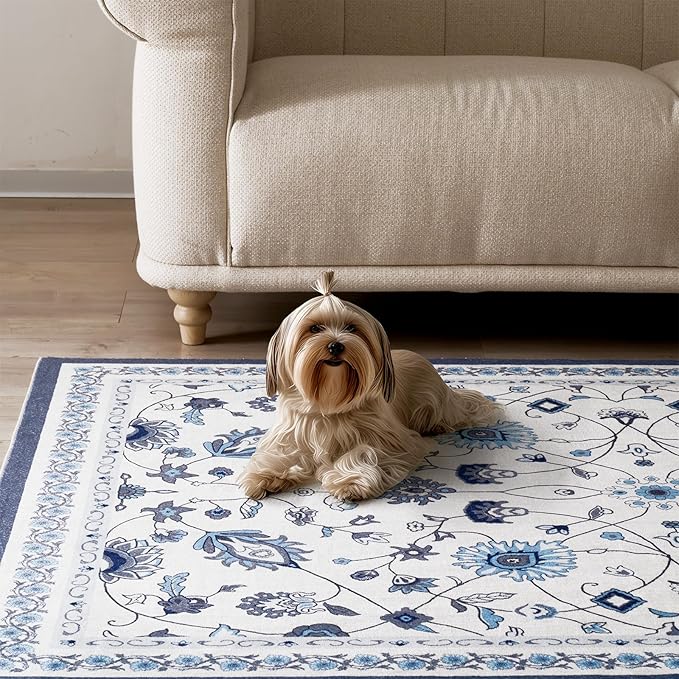 EVERGRACE Hallyway Area Runner Rugs 2x8, Boho Floral Faux Wool Indoor Outdoor Rugs, Washable Rugs for Bedroom Dining Room Living Room Kitchen, Low Pile Floor Mat Carpet for Home Decor, Porcelain Blue