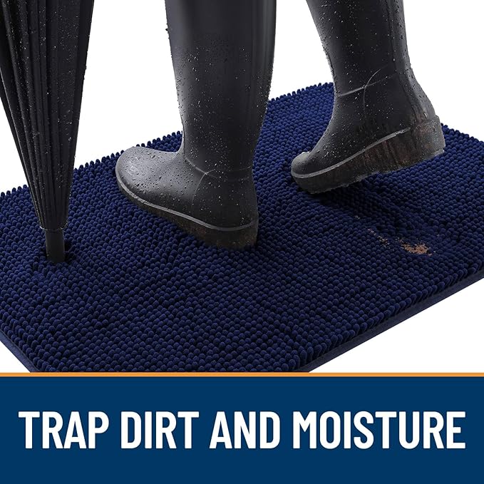 OLANLY Dog Door Mat for Muddy Paws 47x17, Absorbs Moisture and Dirt, Absorbent Non-Slip Washable Doormat, Quick Dry Chenille Mud Mat for Dogs, Entry Indoor Entryway Carpet for Inside Floor, Navy Blue