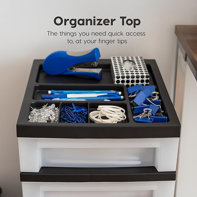 IRIS USA Plastic Drawer Storage Organizer Rolling Cart, with Wheels Casters, 4-Drawers, for Classroom Art Craft Supplies Dresser Closet Bathroom Laundry Room, Black/Pearl