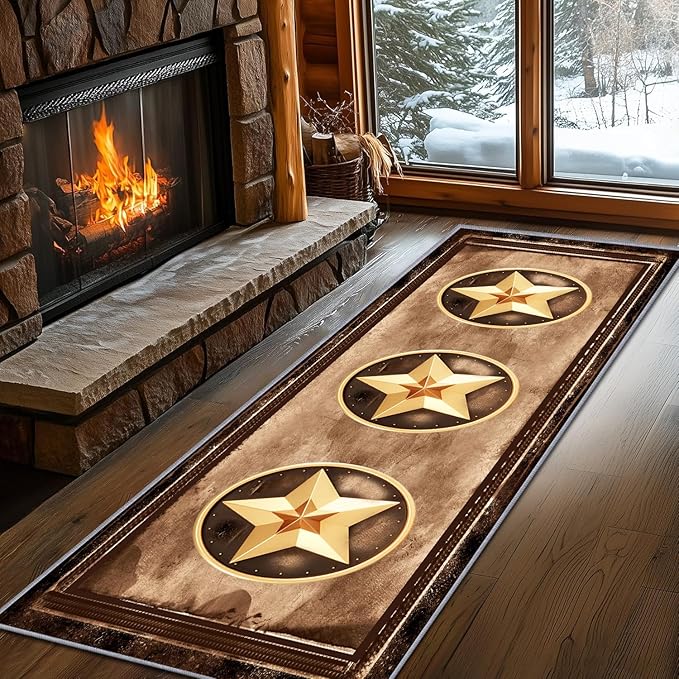 Gold Five-Point Star Runner Rug, 3x8ft Washable Hallway Badge Carpet, Corridor Accent Rugs, Stylish Decorative Runner for Home Hallway & Foyer, Vintage Style Non-Slip Mat
