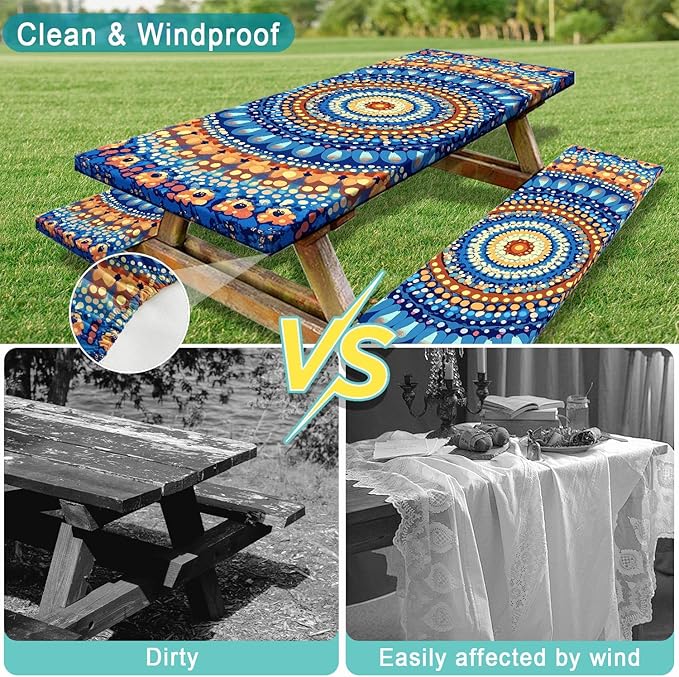 Picnic Table Cover with Bench Covers and Bag, Camping Essentials, Waterproof Windproof Camping Tablecloth, Fitted Tablecloth Cover with Elastic Edge for Indoor Outdoor 3 PCS 30x60 Inch