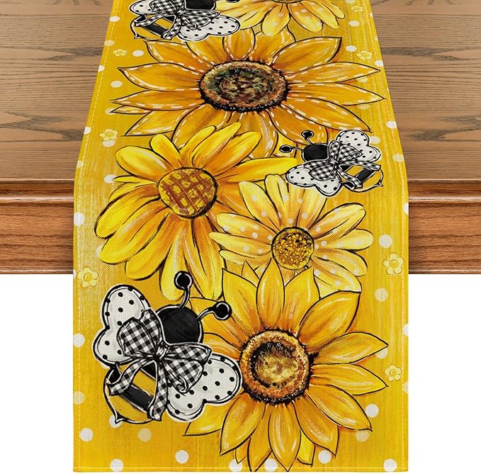 Artoid Mode Yellow Sunflower Bee Flower Polka Dot Summer Table Runner, Seasonal Kitchen Dining Table Decoration for Indoor Party Home 13x72 Inch