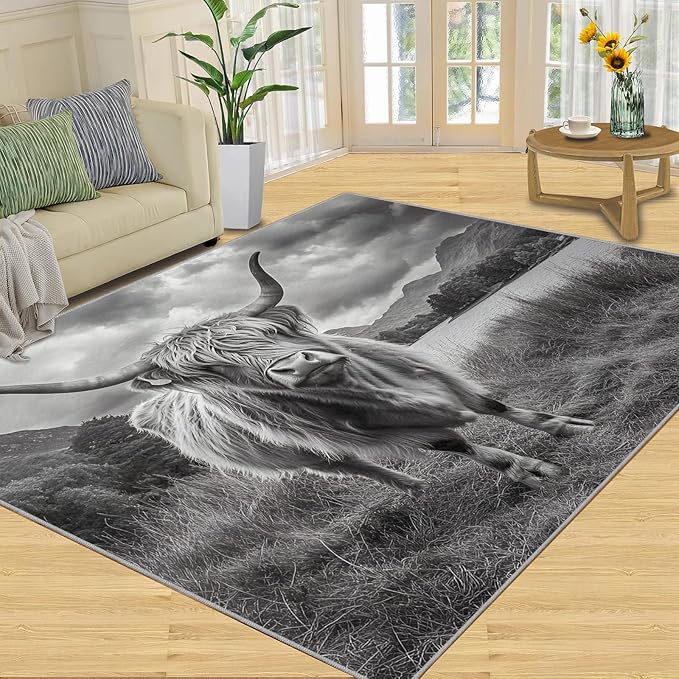 Highland Cattle Rugs for Bedroom - 6x9 Area Rug - Black White Highland Cattle Rugs for Living Room, 3D Natural Landscape Rug, Non-Slip Washable Home Decor Carpet