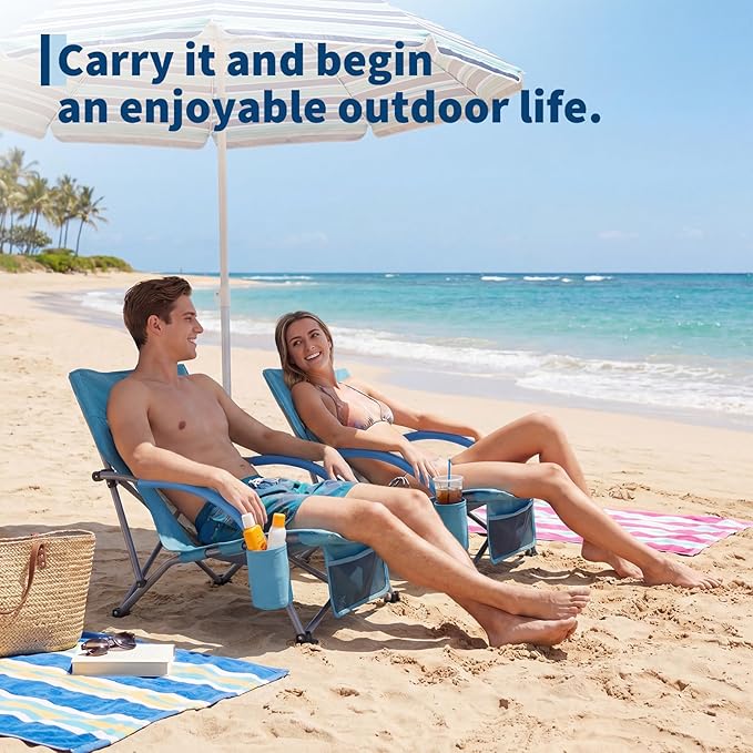 Garvee Low Beach Chair 2 Pack, Folding Portable Beach Chairs for Adults, Lightweight Extra Wide Seat Chair with Cup Holder, Storage Pocket & Carry Bag for Camping, Beach, Travel - 2PC