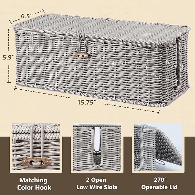 BROWNLILY Cable Management Box, Rattan Style Cord Organizer for Desk Cord Hider Outlet Covers Baby Proofing for Power Strip TV PC Router Charger Under Desk Storage with Lockable Lid and Cable Ties
