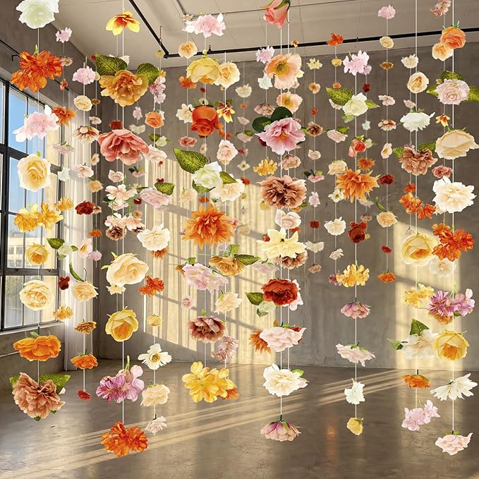 Suncalla 6 Pcs 35.46 ft Flower Garlands Backdrop Spring Artificial Wildflower Vines Floral Decorations for Party Fake Flower Vines Faux Silk Wildflower for Easter Wedding Garden Wall Arch(Champagne)