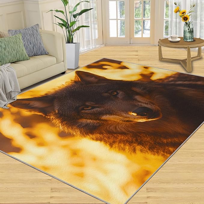Wolf Rugs for Bedroom - 4x5 Area Rug - Timber Wolf Rugs for Living Room, Sunset Landscape Rug, Non-Slip Washable Home Decor Carpet