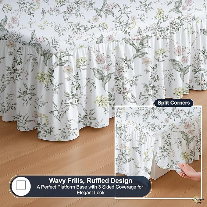 Cottington Lane Ruffled Bed Skirt Full Size with Split Corner, Brushed Microfiber Hotel Quality Dust Ruffle, 24 Inch Drop Gathered Bedskirt, Soft, Stylish, Shrink & Fade Resistant, Morning Petals