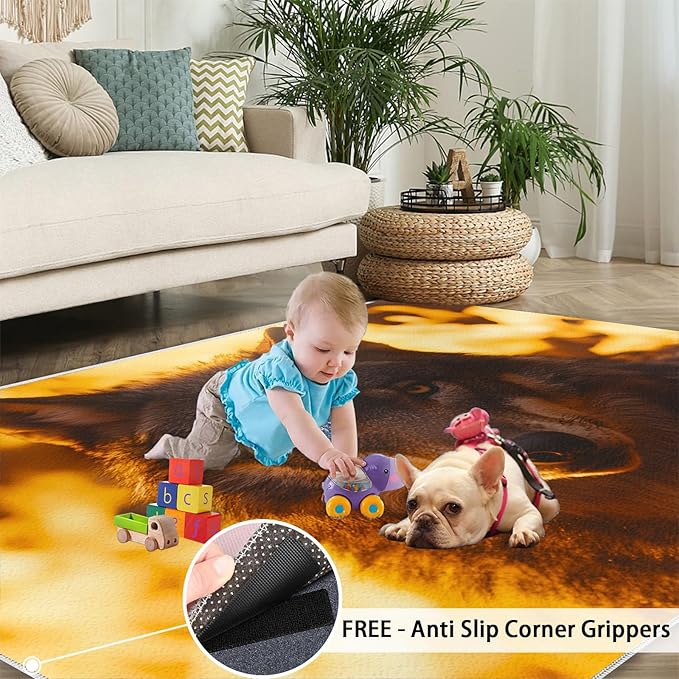 Wolf Rugs for Bedroom - 2x3 Area Rug - Timber Wolf Rugs for Living Room, Sunset Landscape Rug, Non-Slip Washable Home Decor Carpet