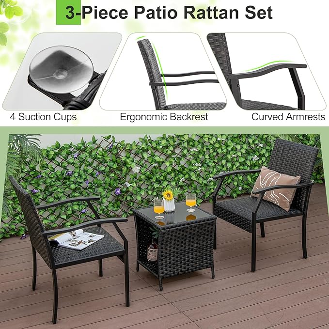 Tangkula 3 Pieces Patio Wicker Chair Set, Waterproof All Weather Resistant