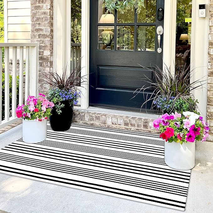 OJIA Black and White Outdoor Rug 3' x 5', Machine Washable Front Door Mats Outdoor, Cotton Hand-Woven Striped Porch Rug Entryway Rug Indoor/Outdoor Area Rug Floor Mat for Farmhouse/Living Room
