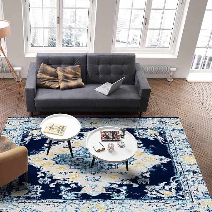 Bohemian Pattern Rectangular Area Rugs for Living Room Bedroom 3 x 5 ft Blue & Yellow Abstract Non-Shedding Soft Low Pile Rug Non Slip Washable Rug for Nursery Entryway Playroom