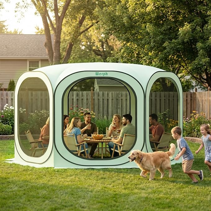 Werph 12x12 Pop Up Screen Tent, Mosquito Net Gazebo, UV Resistant Roof Waterproof Screen Canopy, Quick Setup Outdoor Shelter for Backyard, Patio, Garden, Picnic, Camping and Events, Green