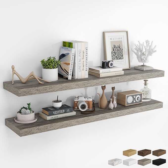 RICHFOCUS 55Inch Floating Shelves for Wall 2 Pack Shelves for Bedroom|Kitchen|Bathroom Wall Mounted Rustic Wood Floating Shelf with Invisible Brackets for Books|Storage|Decor, Grey