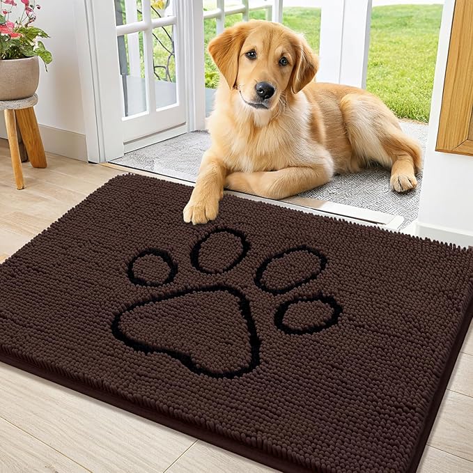 Smiry Dog Door Mat for Muddy Paws, Absorbent Dirt Trapper Non Slip Quick Dry Washable Chenille Mat for Mud Dogs, Entry Rug for Indoor and Outdoor (36x24 Inches, Brown and Black)