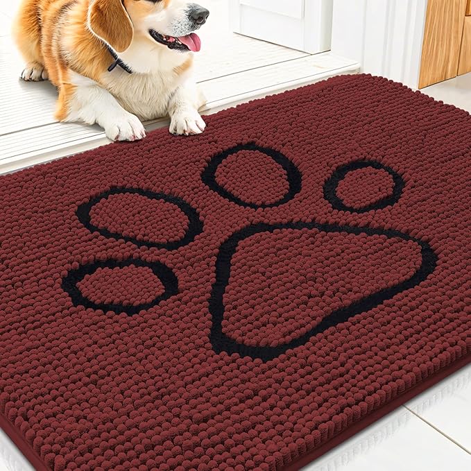 Smiry Dog Door Mat for Muddy Paws, Absorbent Dirt Trapper Non Slip Quick Dry Washable Chenille Mat for Mud Dogs, Entry Rug for Indoor and Outdoor (30x20 Inches, Caramel Russet and Black)