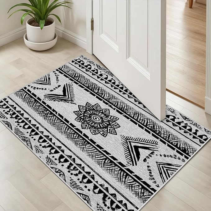 Area Rugs Moroccan for Living Room 8x10, Washable Non-Slip Boho Rug, Neutral Farmhouse Soft Carpet for Bedroom, Kitchen, Dining Room, Entryway, Geometric Print Tribal Carpets, Black and White