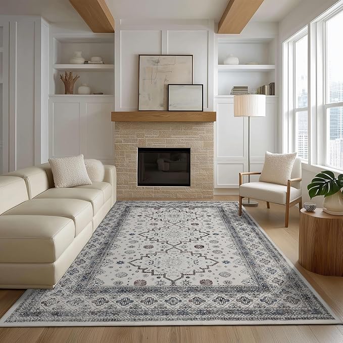 Washable Rugs 5x7 Area Rugs for Living Room, Thin carpet for Bedroom, Soft Faux Wool Retro Dining Room Rug，Non Slip&Non-Shedding Resistant Low Pile Vintage Print Rug for Home Office (White Cream/Gray)