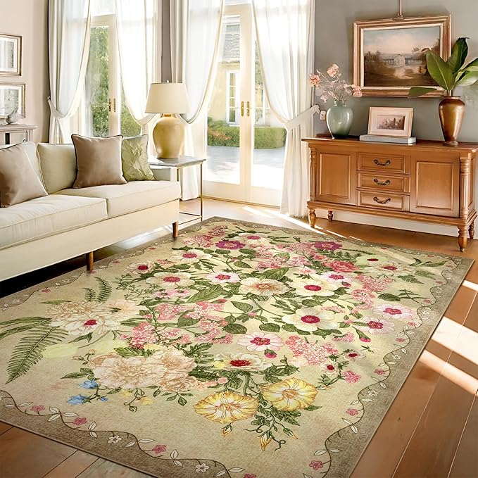 Floral Washable 5x7 Area Rugs - Living Room Rug Non Slip Low Pile Stain Resistant Carpets Indoor Vintage Flower Print Rug for Bedroom Dining Room Kitchen Home Office, Brown
