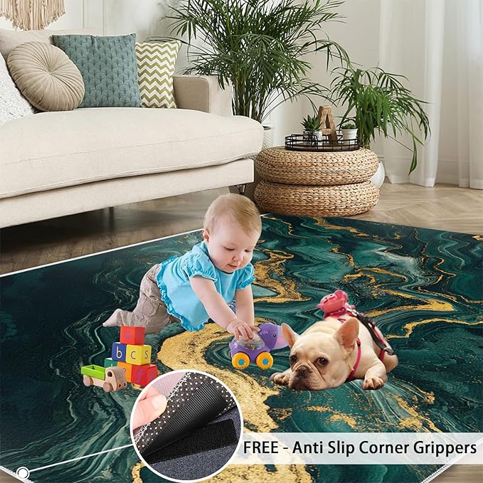 8x10 Abstract Marble Rugs for Living Room - Emerald-Green-Marble Large Area Rug, Luxury Stone Pattern Modern Boy Nursery Rug Soft Washable for Classroom Office Bedroom Kids Room