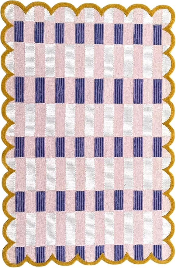 Hand-Tufted Wool Rug with Scalloped Edges, Light Blue Plaid Pattern, Cozy Soft Area Rug for Living Room, Bedroom, and Nursery, Handmade Modern Accent Rug (Pink, 10X14 FEET)