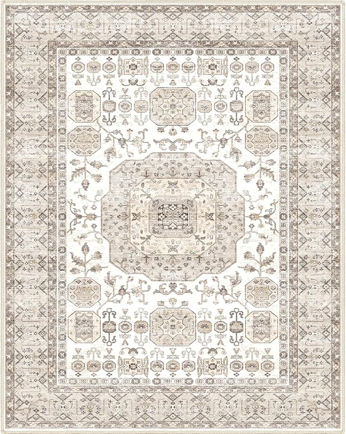 8x10 Area Rug Washable Living Room Carpet Bedroom Rug, Retro Accent Throw Distressed Rug, Easy Cleaning (Cream Beige)