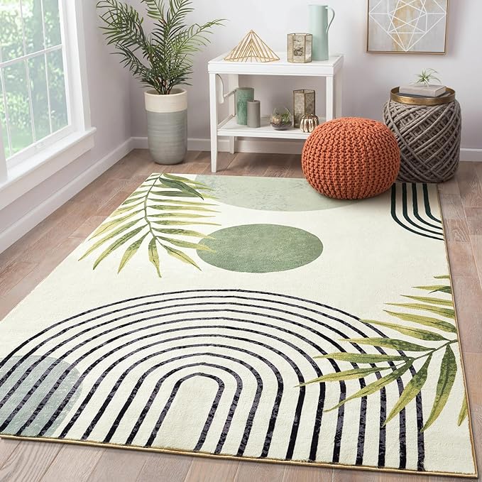 RoomTalks Mid Century Modern Washable Rug, Green Boho Cute Aesthetic 4x6 Area Rugs for Bedroom Dining Living Room Kitchen, Abstract Tropical Leaves Non Slip Thin Indoor Entryway Rug Throw Carpet