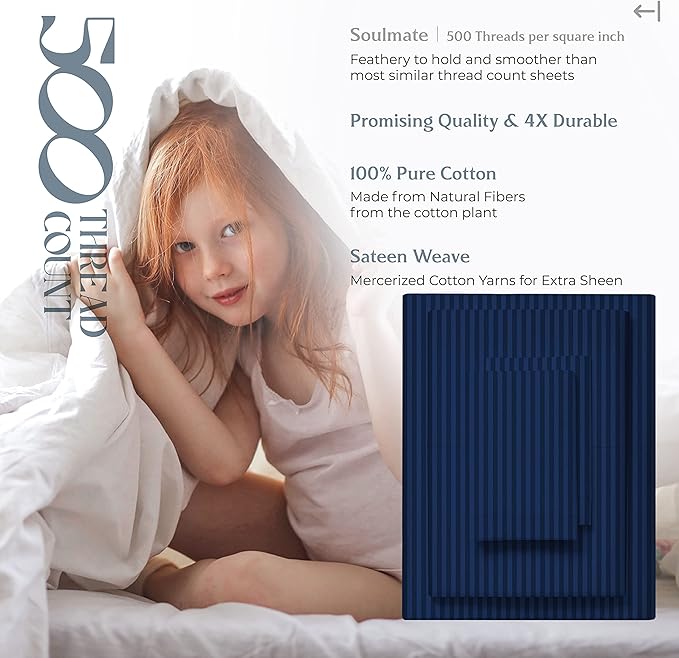 Mayfair Linen 100% Cotton Striped Sheets California King Size Bed Set - 500 Thread Count Damask Sheets Cal King Size 4 PC Set (Navy Blue Stripe), Soft, Cooling, Sateen Weave 16" Deep Pocket Bedsheet