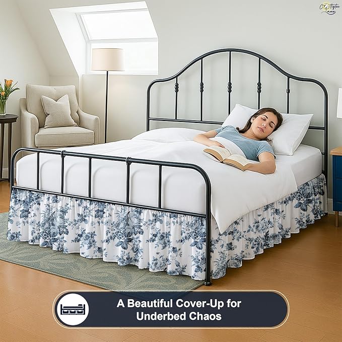 Cottington Lane Ruffled Bed Skirt Full Size with Split Corner, Brushed Microfiber Hotel Quality Dust Ruffle, 18 Inch Drop Gathered Bedskirt, Soft, Stylish, Shrink & Fade Resistant, Blue Floral Bliss