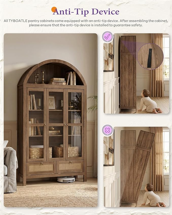 TYBOATLE 75'' Arched Cabinet Classic Farmhouse Design w/Three Glass Doors