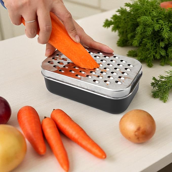2 In 1 Cheese Grater with Container and Lid Metal Handheld with Storage Box Stainless Steel – Citrus Lemon Zester, Fruit Vegetable Onion Choppers, Airtight Includes Hand Peelers, Grinder, Shredder